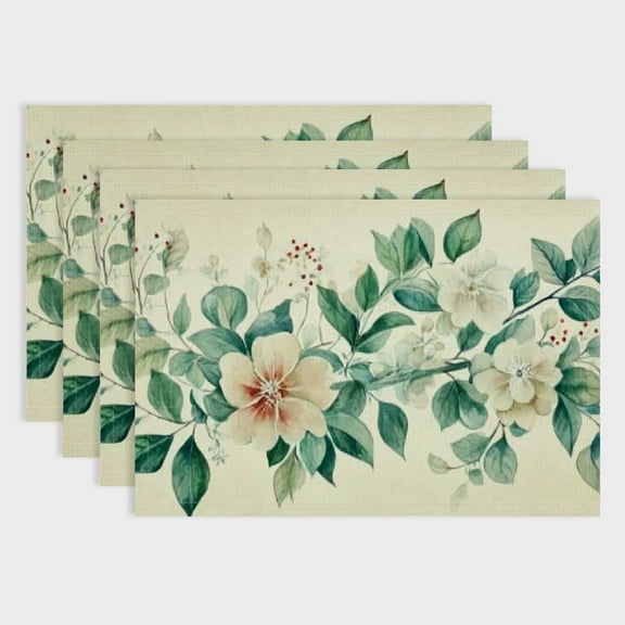 SHERONV Camellia Flower Summer Placemats Set of 4, Seasonal Spring Table Mats for Party Kitchen Dining Decoration, Beige 18x12in