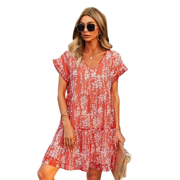 Vestido Casual de Verano Gothden con Mangas Cortas, Volantes y Escote en V Rojo
