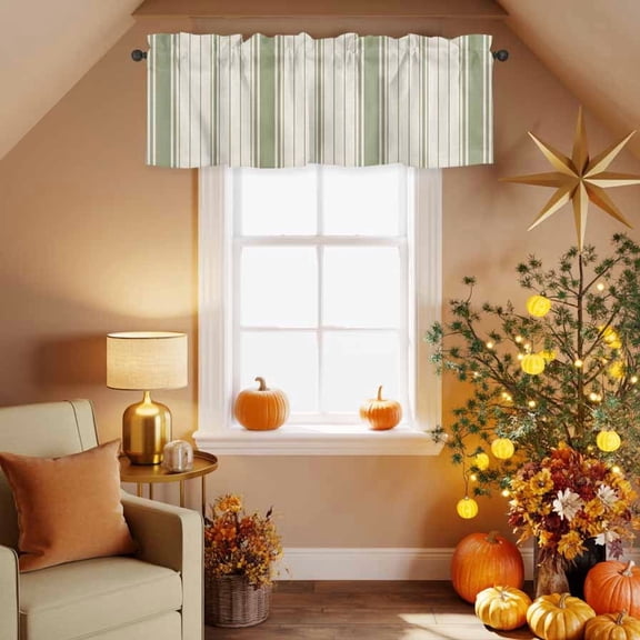 Kitchen Valances for Window, Rustic Sage Green Stripe on Linen Light Filtering Rod Pocket Valance Curtain, Minimalist Line Texture  Short Curtains Window Topper for Bedroom 42x12in