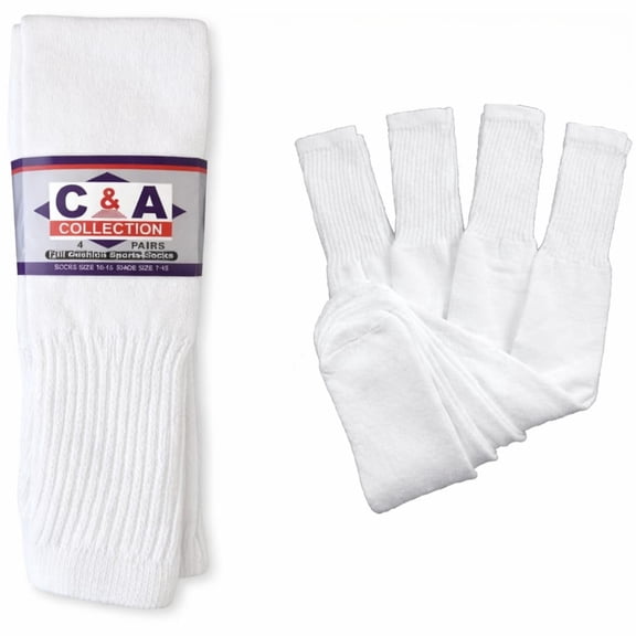 C&A COLLECTION Mens Big and Tall Sports Tube Socks Long Over the Calf - 24 inch (4 Pairs) (White)