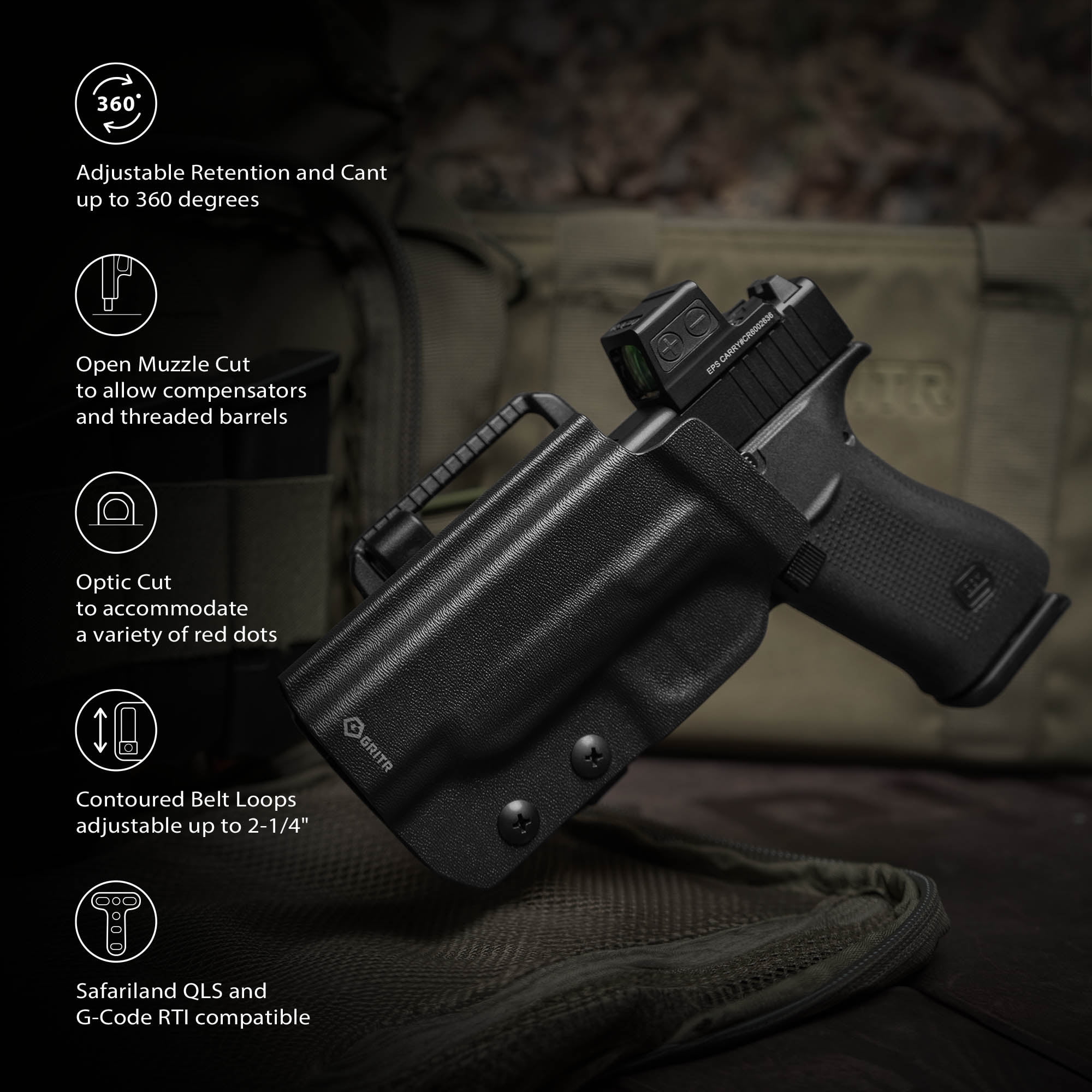 GRITR OWB Kydex Left Hand Gun Holster Compatible with Glock 48/G48 MOS