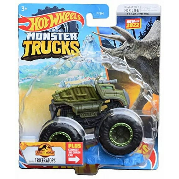Hot Wheels Monster Trucks Jurassic World Triceratops (Green) 1:64 Scale Plus Connect and Crash Car