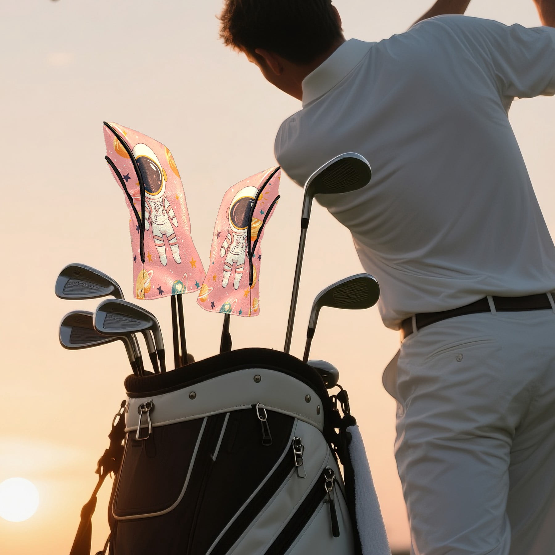 Golf Club Covers PU Leather Waterproof Head Covers for Fairway Woods Hybrids Astronaut Pattern