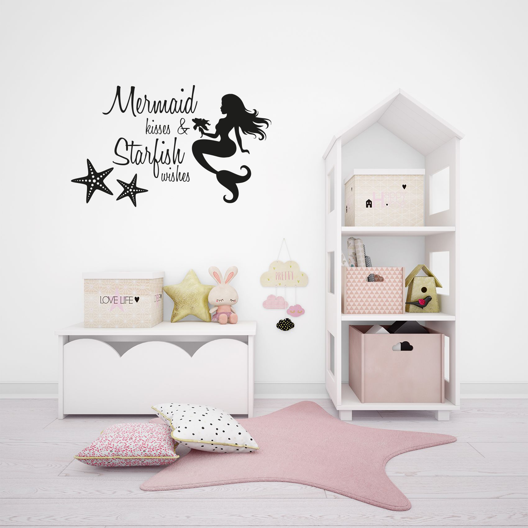 Mermaid Kisses And Starfish Wishes Inspirational Motivation Quote Mermaid Starfish Silhouette Vinyl Wall Art Wall Sticker Wall Decal Home Room Decoration Decal Kids Room Décor Size (10x10 inch) - image 2 of 3