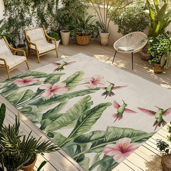 Fsddascl Summer Flowers Outdoor Rug for Patio/Deck/Porch, Non-Slip Large Area Rug 4 x 6 Ft, Retro Country Tropical Palm Leaves Birds Indoor Outdoor Rugs Washable Area Rugs, Camping Rug Carpet