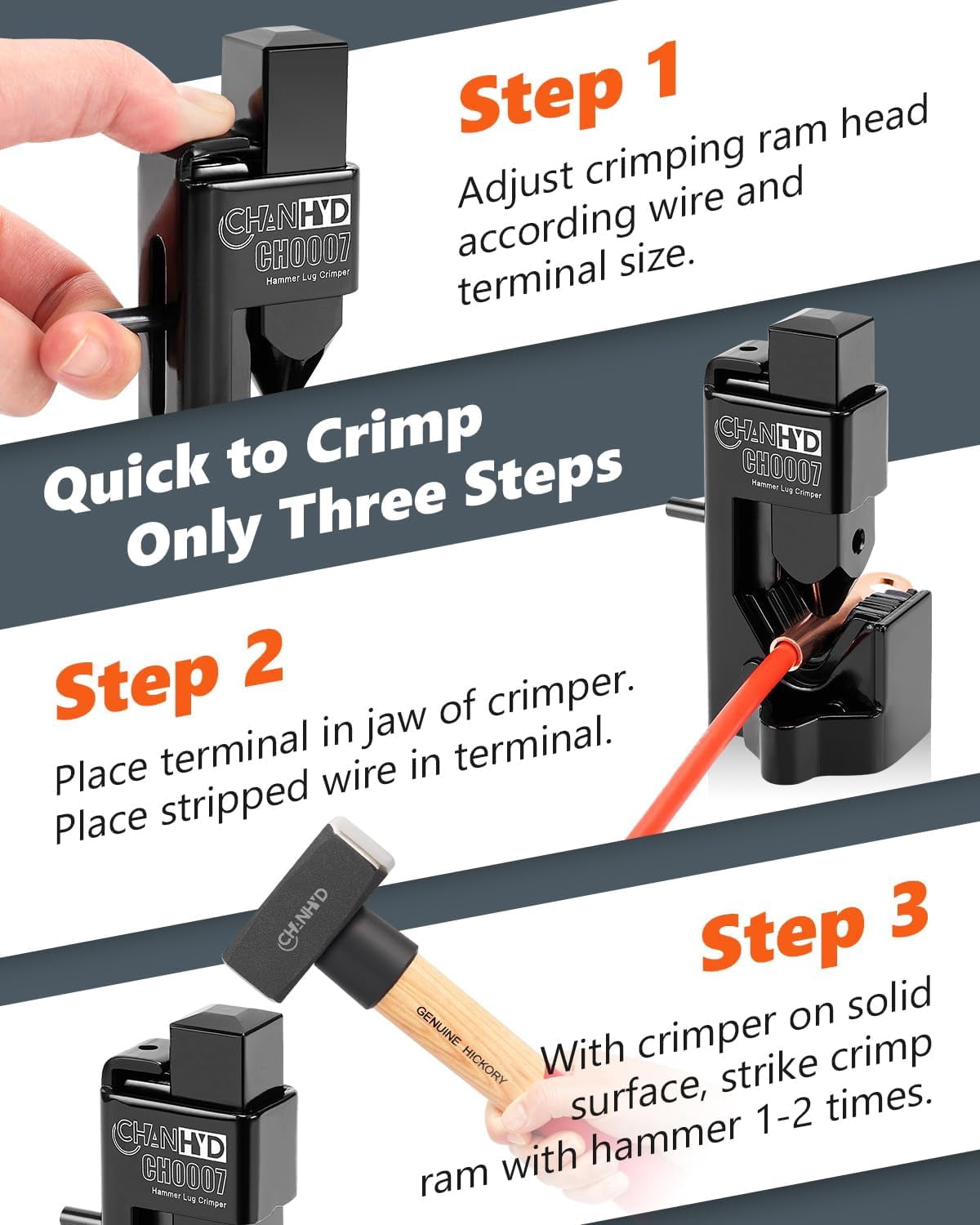 RGHJAR-Hammer Lug Crimper Tool for 8 AWG to 3/0 AWG Battery & Welding Cables, Heavy-Duty Hand Crimper with Ergonomic Non-Slip Grip for Electrical and Automotive Use