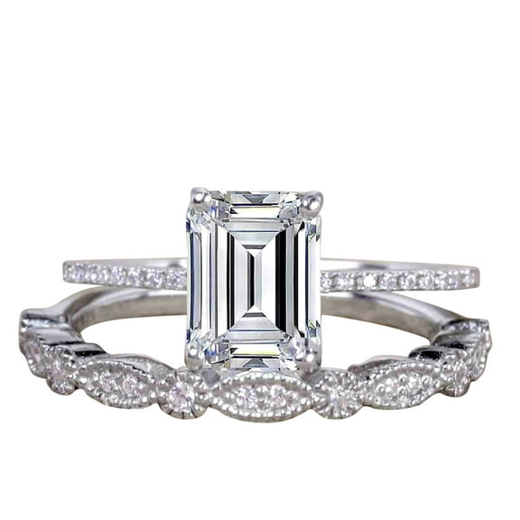 Emerald cut Moissanite and Diamond Wedding Bridal Ring Set with 1.25 Ct in White Gold