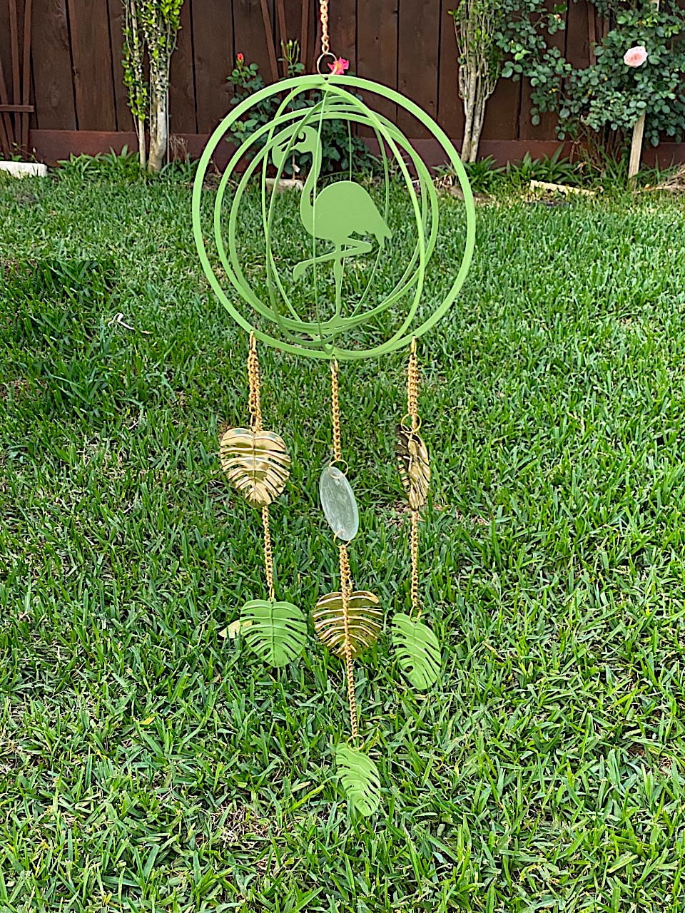 Wind Chime Flamingo Green & Gold 3D Sculpture Spinner Metal Hanging Decorations Ornaments Outdoor Lawn Yard Garden 31"