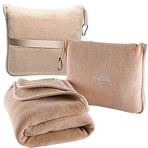 Manta viaje suave BlueHills en bolsa suave, funda almohada, correa equipaje y clip mochila, manta grande y compacta (Beige T005)