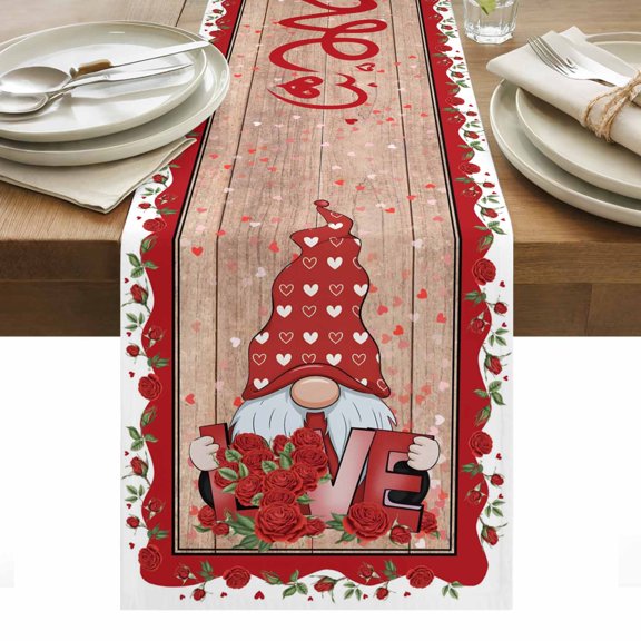 Valentine's Day Table Runner - 48 Inch Long, Kitchen Dining Table Runner Dresser Scarves, Romantic Roses Love Heart Gnomes Wooden Farmhouse Decor for Coffee Tables Wedding Party Banquet