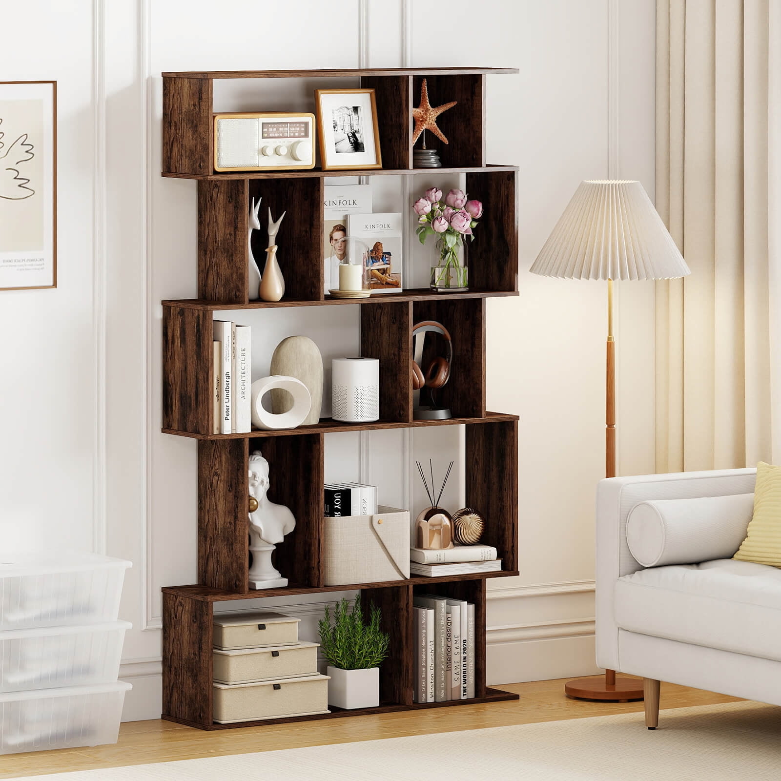 Costway 2 PCS 5-Tier Geometric Bookshelf with Open Shelves Closed-back Cubes for Living Room Rustic Brown