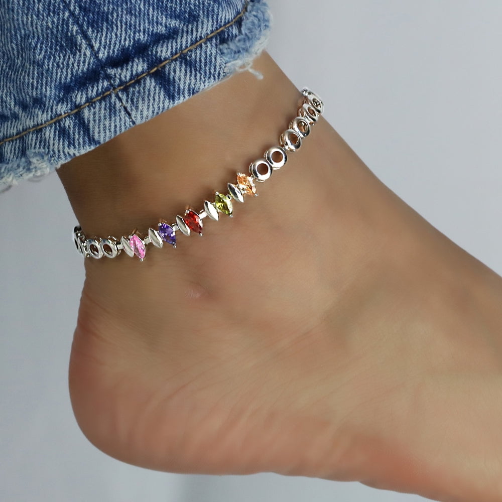 Kaash Customs Adjustable 14k Silver Plated Sparkly CZ Stone Summer Anklet Bracelet Gift for Women