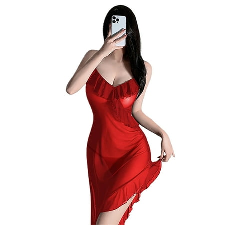 Suagox Women Lingerie Chemise Nightdress Ruffles See-Through V-Neck Sleeveless Cami Nightgown Sleepwear Slips Nightie