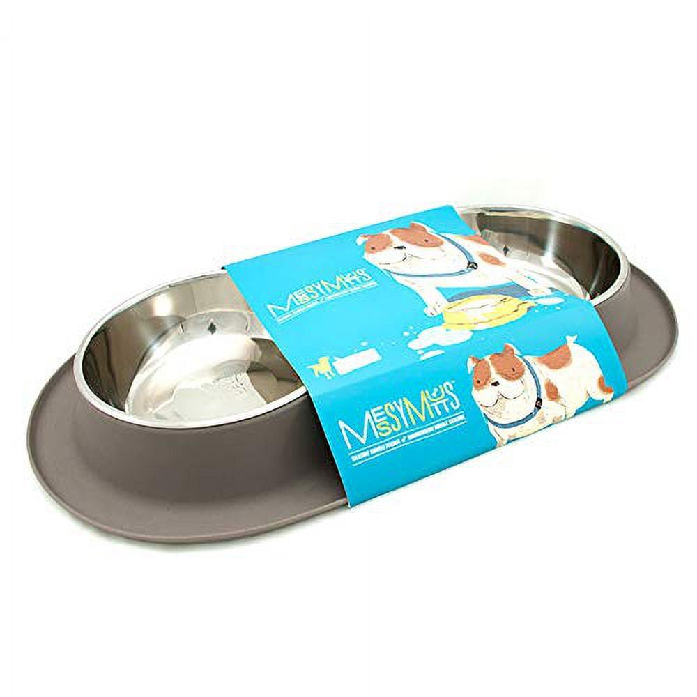 Messy Mutts Double Silicone Feeder with Stainless Bowls | Non-Skid Food Dishes for Dogs | Sizes Available for All Pets | Dog Food Bowls | Large, 3 Cups Per Bowl | Grey
