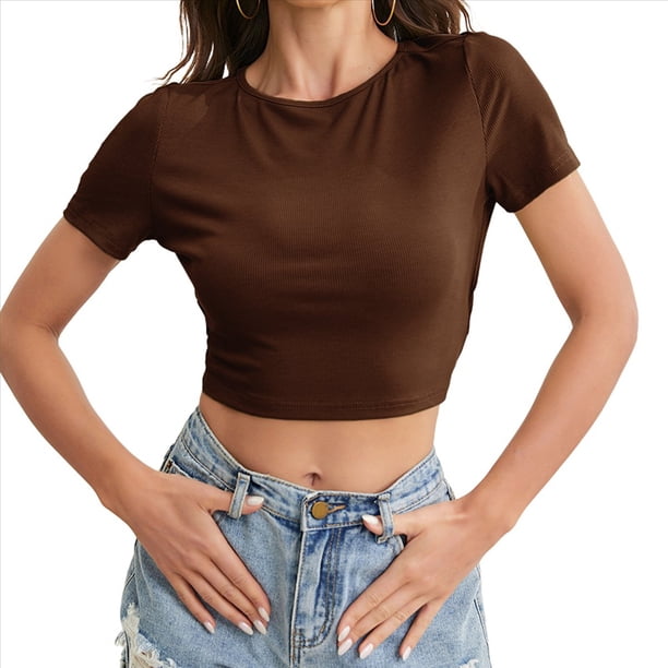 Tops Cortos de Verano para Mujer, de Corta, Cuello Redondo, Color Liso, de Punto Ajustado, Sin Espalda. Marrón Oscuro M