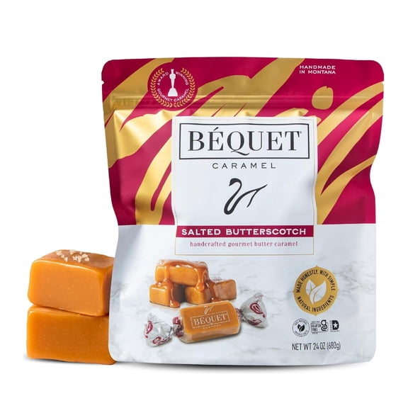 Béquet Salted Butterscotch Caramels – Soft, Individually Wrapped Gourmet Butterscotch Candy, Gluten‑Free & Kosher – 24 oz Resealable Pouch