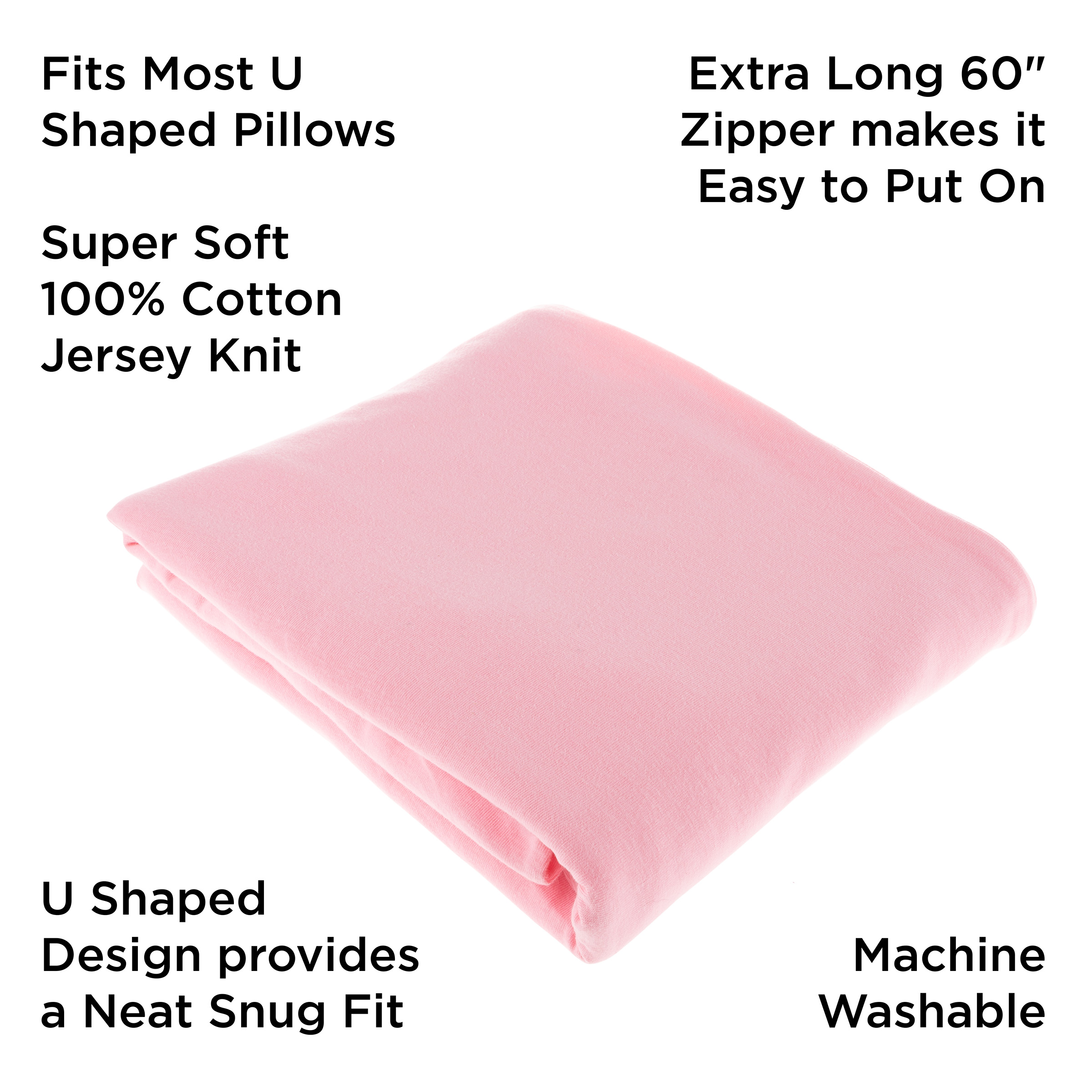 Full Body Pillow Cover- U-Shaped 100% Cotton Jersey Replacement Pillowcase, Removeable with Zipper for Pregnancy/Body Pillows by Lavish Home (Pink)