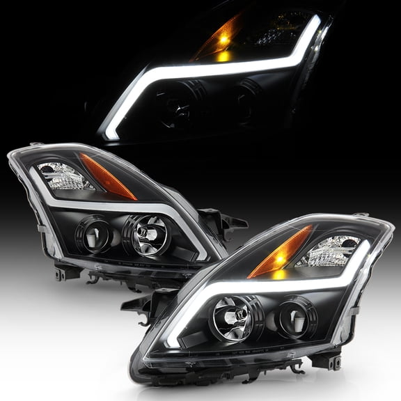 For 2007-2009 Nissan Altima Sedan Black LED Tube Projector Headlights Headlamps