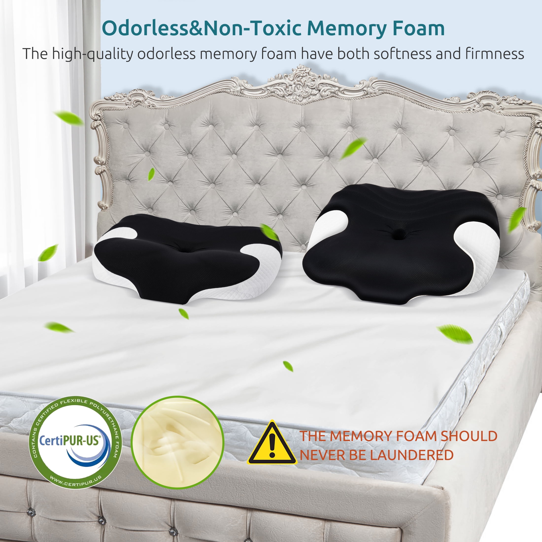 MOONORAH Cervical Memory Foam Pillow Neck Bed Pillow for Pain Relief Sleeping, Ergonomic Orthopedic for Side Back and Stomach Sleepers with Breathable Pillowcase, Queen Size 24" x 16.5" x 5.1" Black
