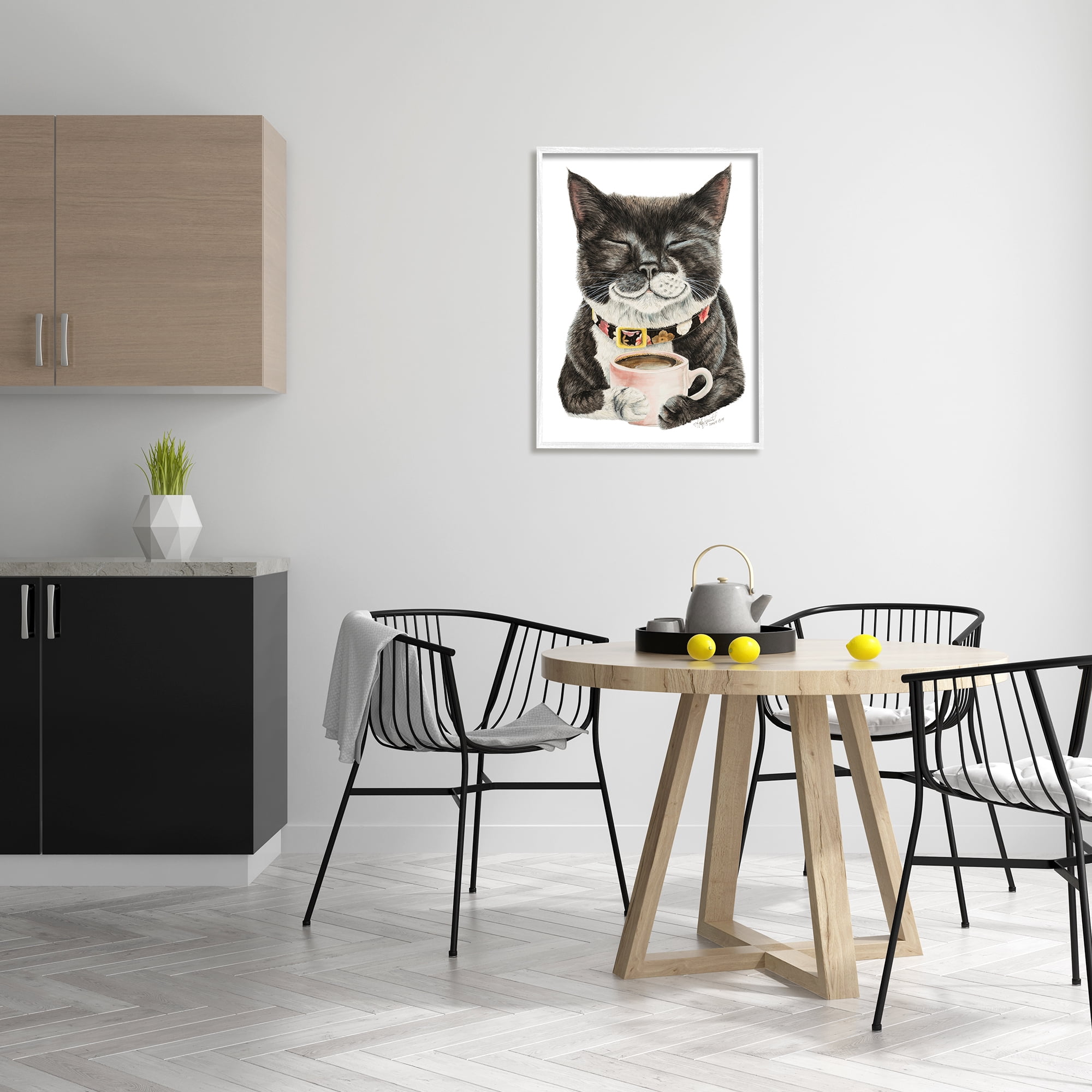 Stupell Industries Smiling Cat & Coffee Mug Animals & Insects Painting White Framed Art Print Wall Art, 24 x 30