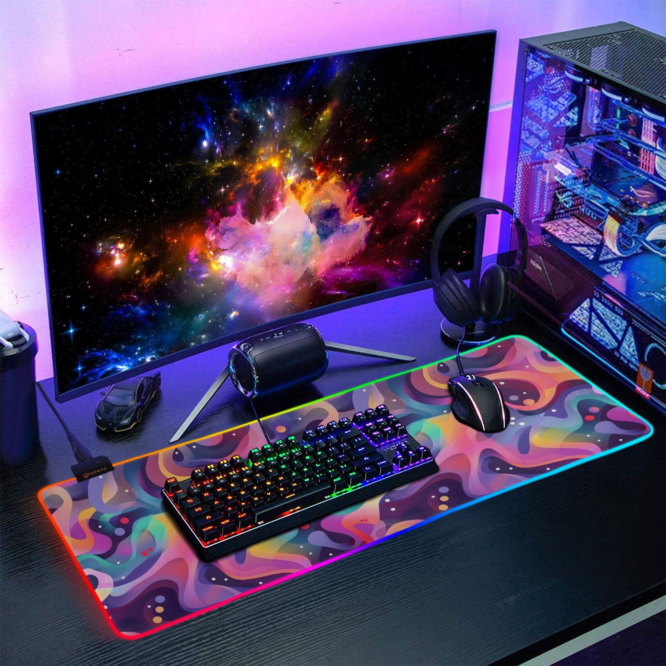 Large RGB Gaming Mouse Pad Led Glowing Mousepad Non-Slip Rubber Base 13 Light Modes 31.5x11.8 Neon Liquid Wave