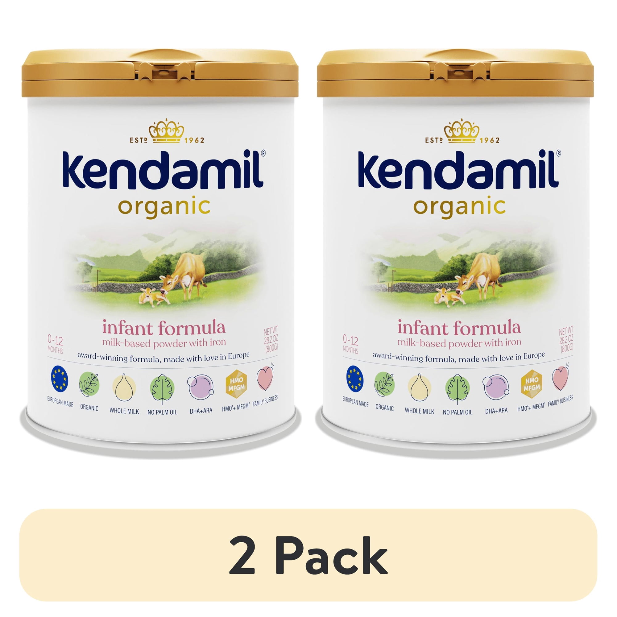 (2 pack) Kendamil Organic Whole Milk Infant Formula Powder, European with Hmos, Prebiotics, No Palm Oil, No added Soy, with DHA, Can, 28.2oz