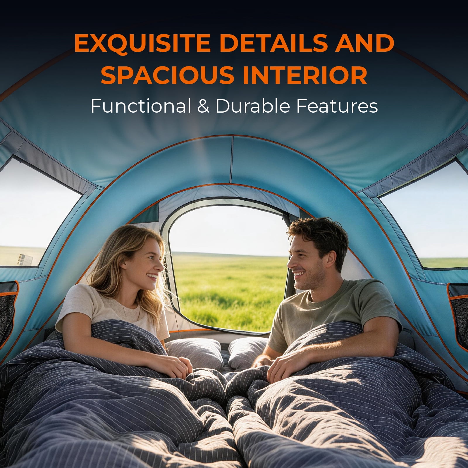 3-4 Person Instant Pop-Up Camping Tent, Waterproof 210T Polyester Tent with Front Awning, Dual Mesh Doors & Storage Pockets, Portable for Camping Beach Festival Backyard