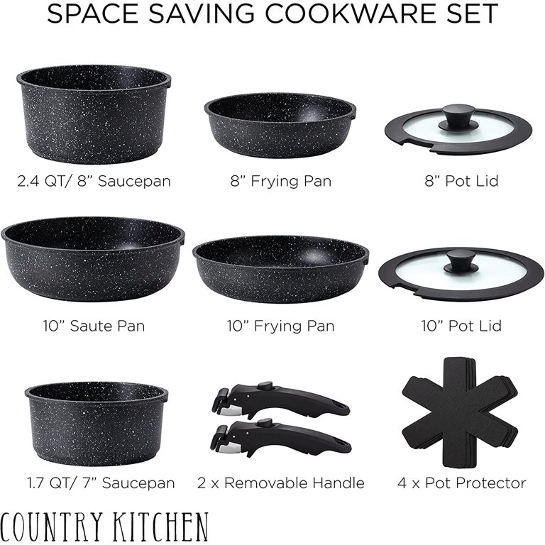 A set of pots and pans with detachable handles. Go from the stove, to the  dining table and straight to the sink - it's that easy! Available…