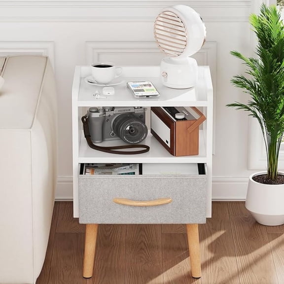 White Night Stand with Drawer, Mid Century Modern Bedside Table, Sturdy Wood Nightstand with Open Storage Shelf, Small Bedside Table for Bedroom, Kids Room & Small Spaces.