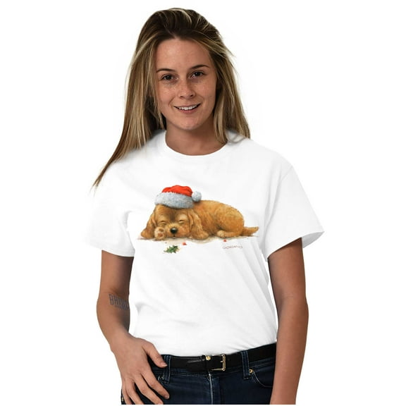 Christmas Sleeping Puppy Santa Hat Women's Graphic T Shirt Tees Brisco Brands M