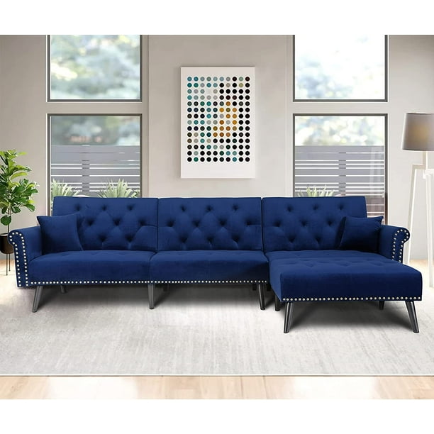 Convertible Sectional Futon Sofa Bed With Reversible Chaise L Shaped Tufted Velvet Couch Sleeper W 2 Pillows And Nailhead Trim For Living Room Apartment Navy Blue Com Convertible Sectional Futon Sofa Bed, Apartment Upholstered Sofa With Nailhead Trim
