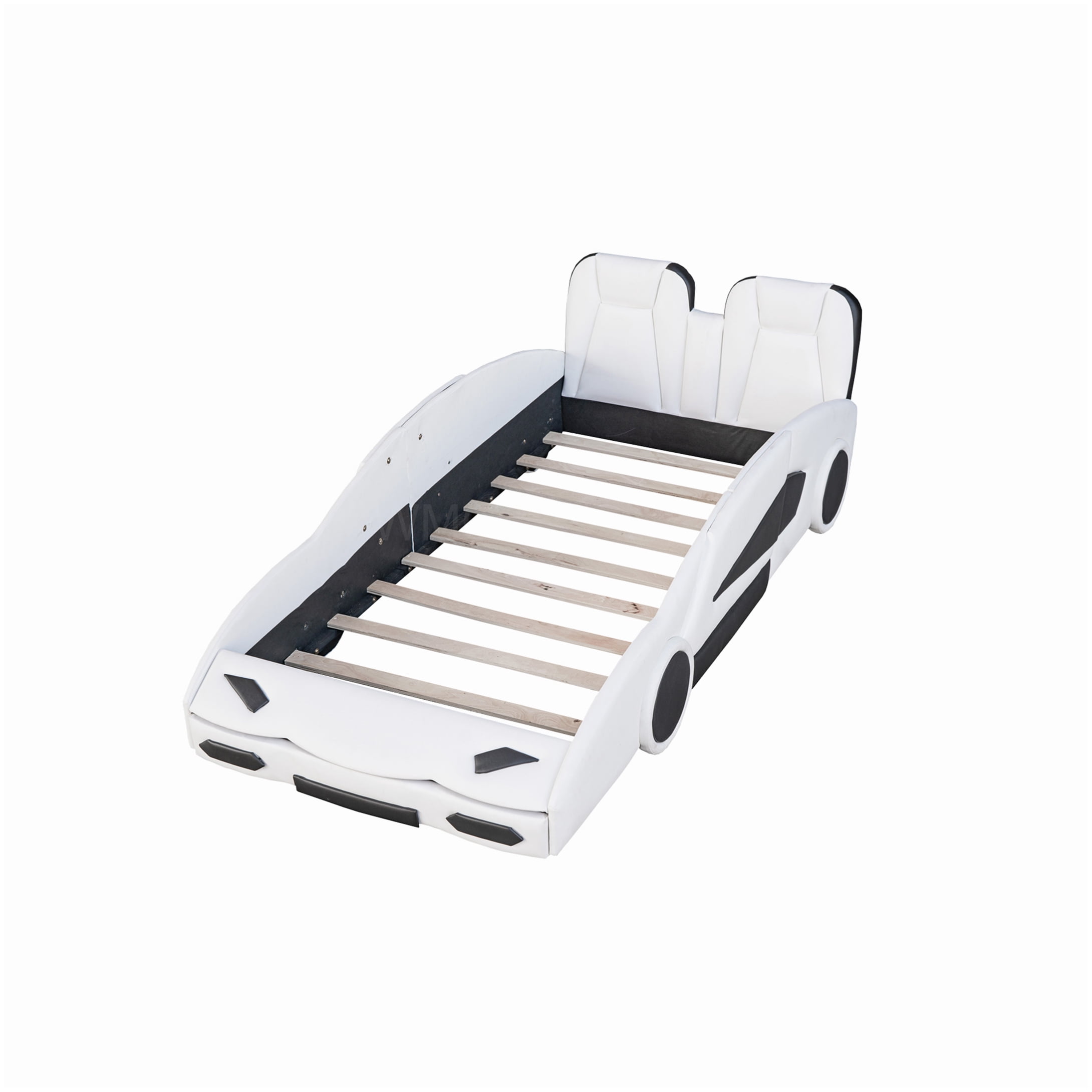No Box Spring Twin Bed Frame, White Race Car Themed Platform Bed with Safety Rails and Wood Slats