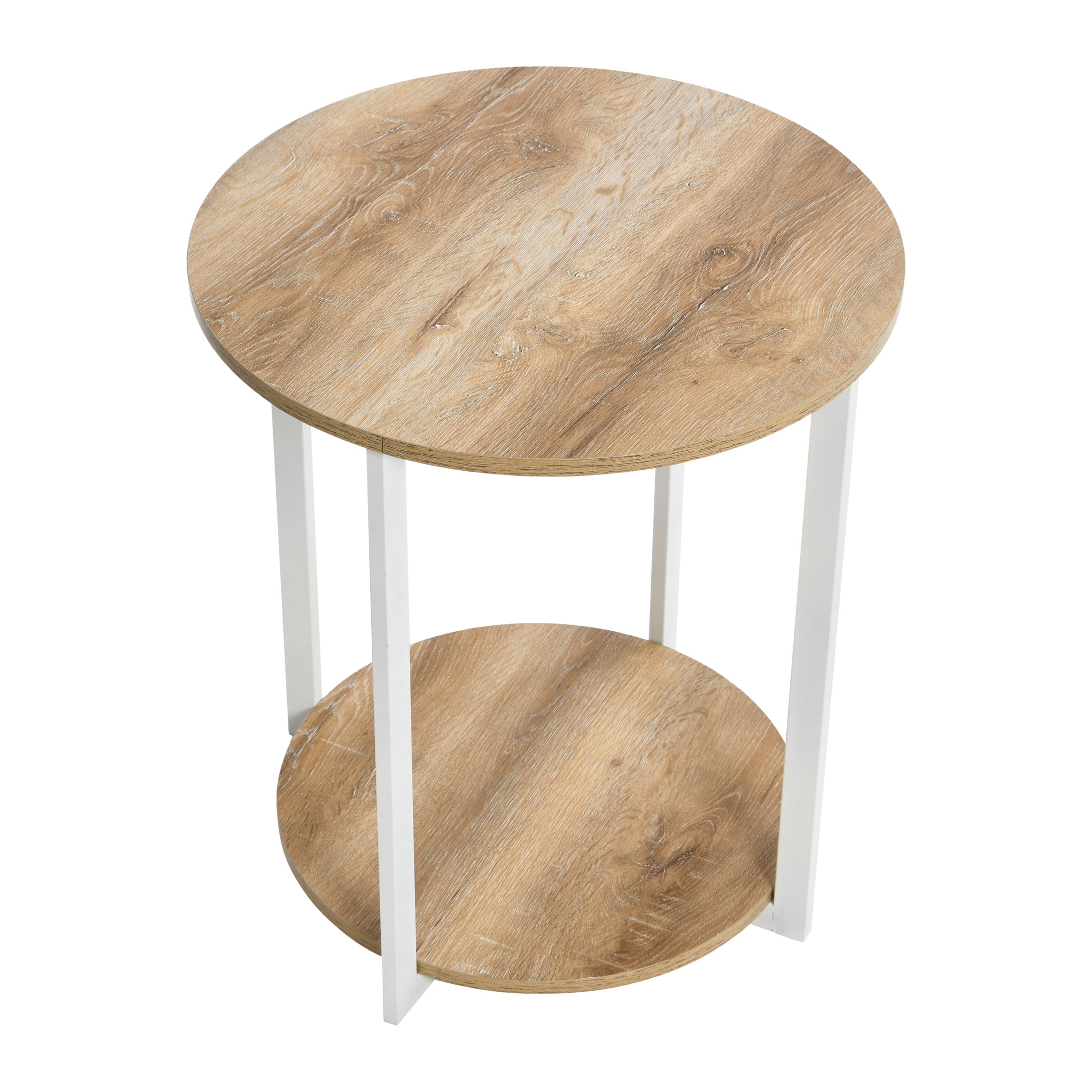 Household Essentials Jamestown Round Side End Table with Storage Shelf Coastal Oak Rustic Wood Grain and White Metal