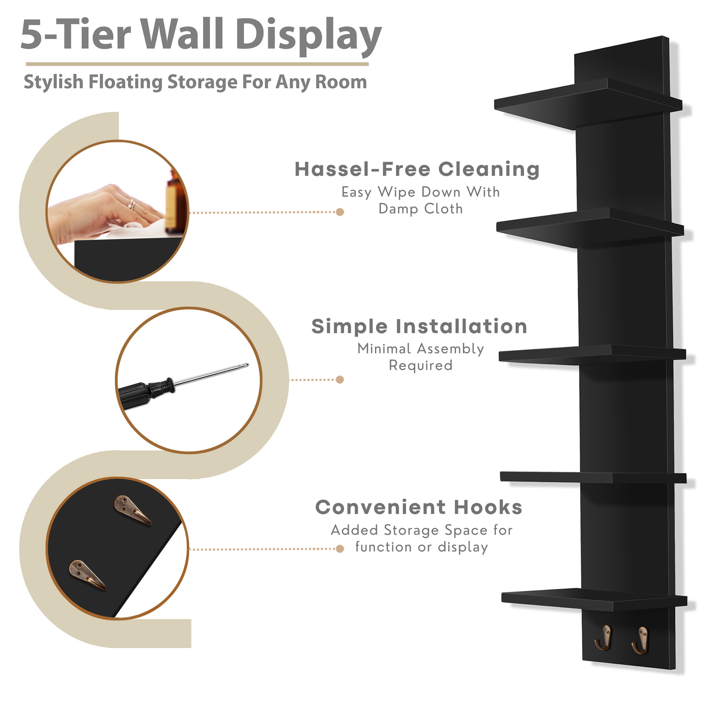 Sorbus 5-Tier Wall Shelf with Hooks, Floating Shelves for Bathroom, Bedroom, Living Room, Wall-Mounted Storage Organizer, Black