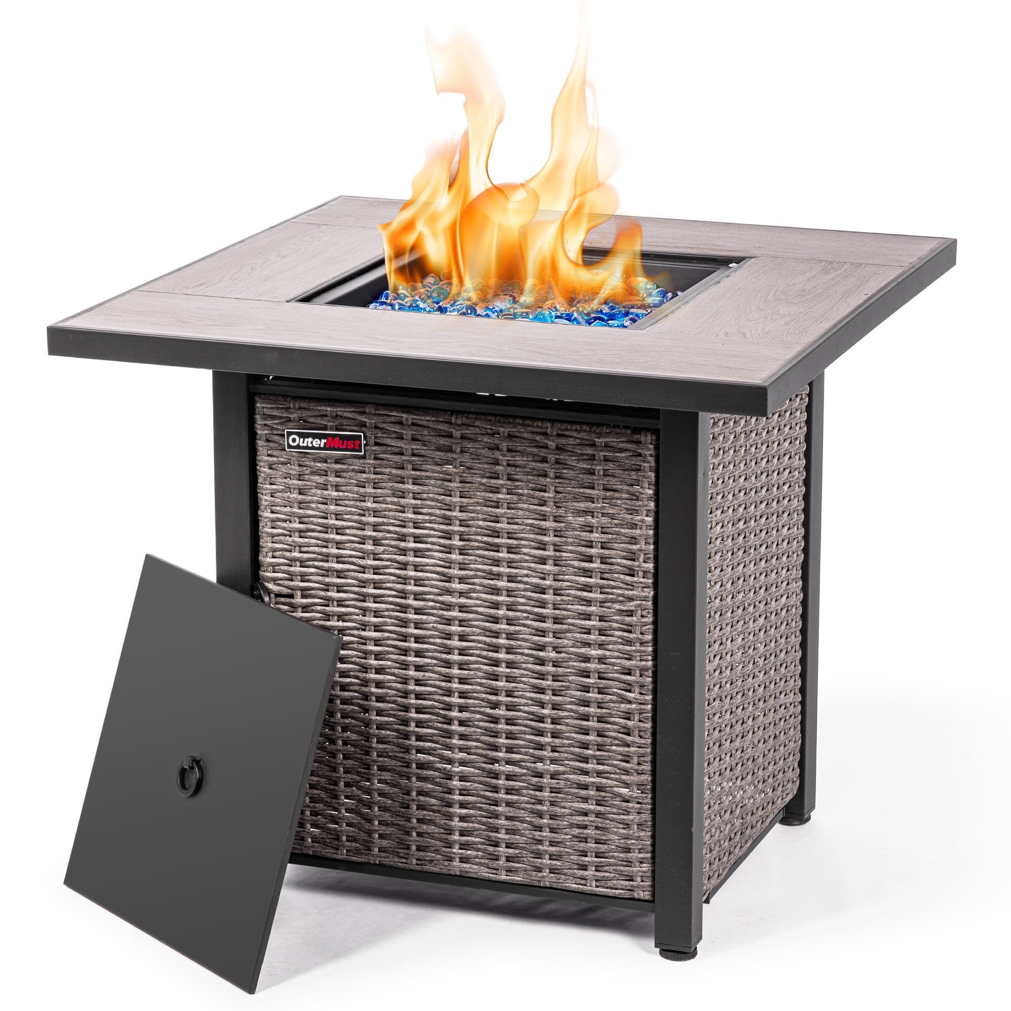 OuterMust 30"Propane Fire Pit Table, 50,000 BTU Electronic-Ignition Rattan Patio Gas Fire Pit with Lid & Blue Glass Bead, Outdoor Fireplace for Dining or Party