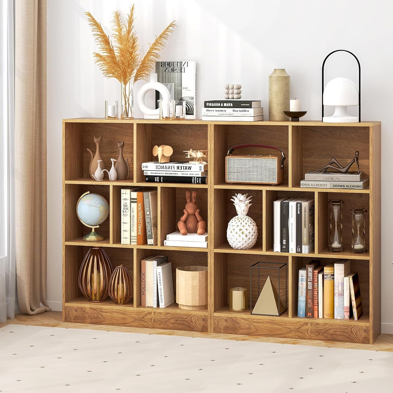 WBTER 7-Cube Bookshelf, 41” Floor Bookcase with 2 Anti-Tipping Kits, Freestanding Storage Organizer, 4-Tier Display Shelf for Home, Office & Dorms (Natural, 7-Cube)