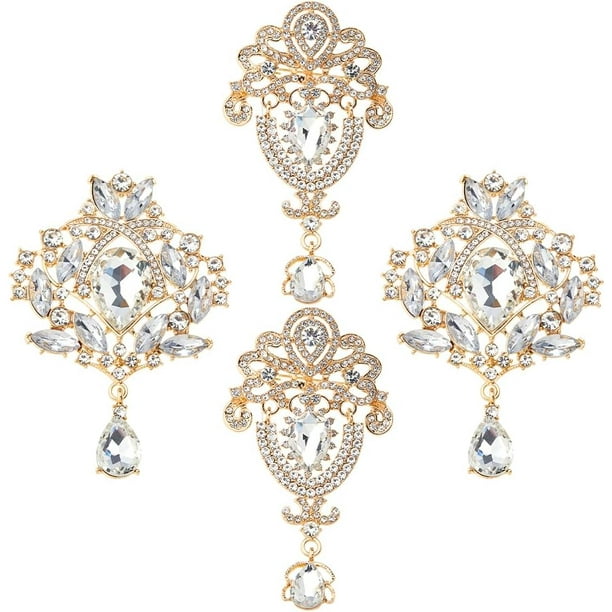 4 broches de aleación con diamantes de imitación en 2 estilos: broche de flor con forma de lágrima y diamantes de imitación vintage para mujer. Kit para ramo de novia DIY.