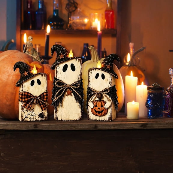 DLMCUH 3-Pack Halloween Vintage Wooden Ghost Decor Set,Double Sided 2D Printed Ghost Ornaments,Halloween Tabletop Decor for Mantel,Shelf,Table Centerpieces & Coffee Bars