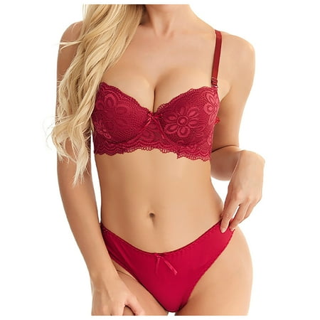 

Casual Lace Floral Underwear Sets for Women Lightweight Comfy Steel Push-up Bra and Bow Knot Triangle Underwear Sets