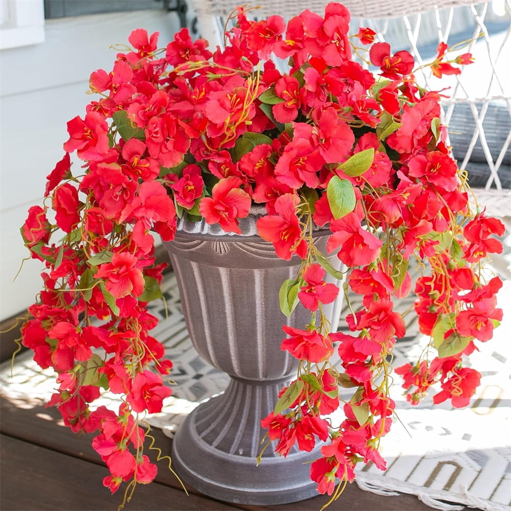 Duslogis 4 Pcs Artificial Hanging Flowers Plants for Outdoors Spring Summer Decoration, Fake Hibiscus Vines UV Resistance Realistic Silk Flowers for Outside Home Patio Porch Garden Wedding,Red