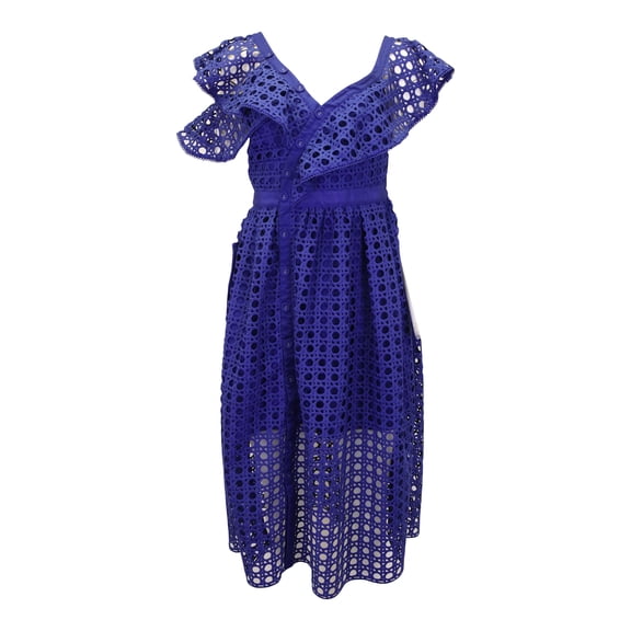 Pre-Owned Self Portrait One Shoulder Ruffled Midi Dress in Blue Polyester Lace