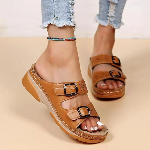 Abcnature Women Sandals Clearance 2023! Women's Platform Wedge Sandals with Arch Support Vacation Comfortable Belt Buckle Wedge Beach Sandals Summer Athletic Outdoor Beach Sandals