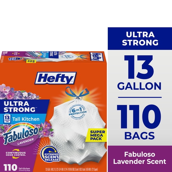 Hefty Ultra Strong 13 Gallon Trash Bags, Tall Kitchen Trash Bags, White, Fabuloso Lavender Scent, 110 Bags
