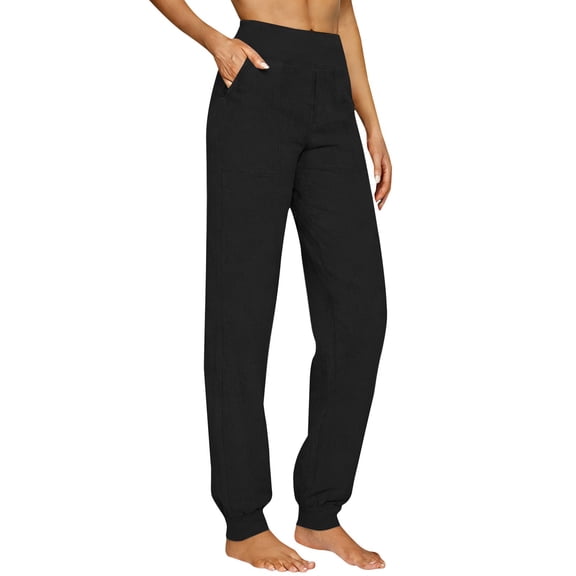 iHPH7 Women's High Waisted Cotton Linen Joggers - Elastic Waistband Tapered Leg Pants with Pockets Breathable Lightweight Casual Summer Lounge Beach Comfy Everyday Wear Black L