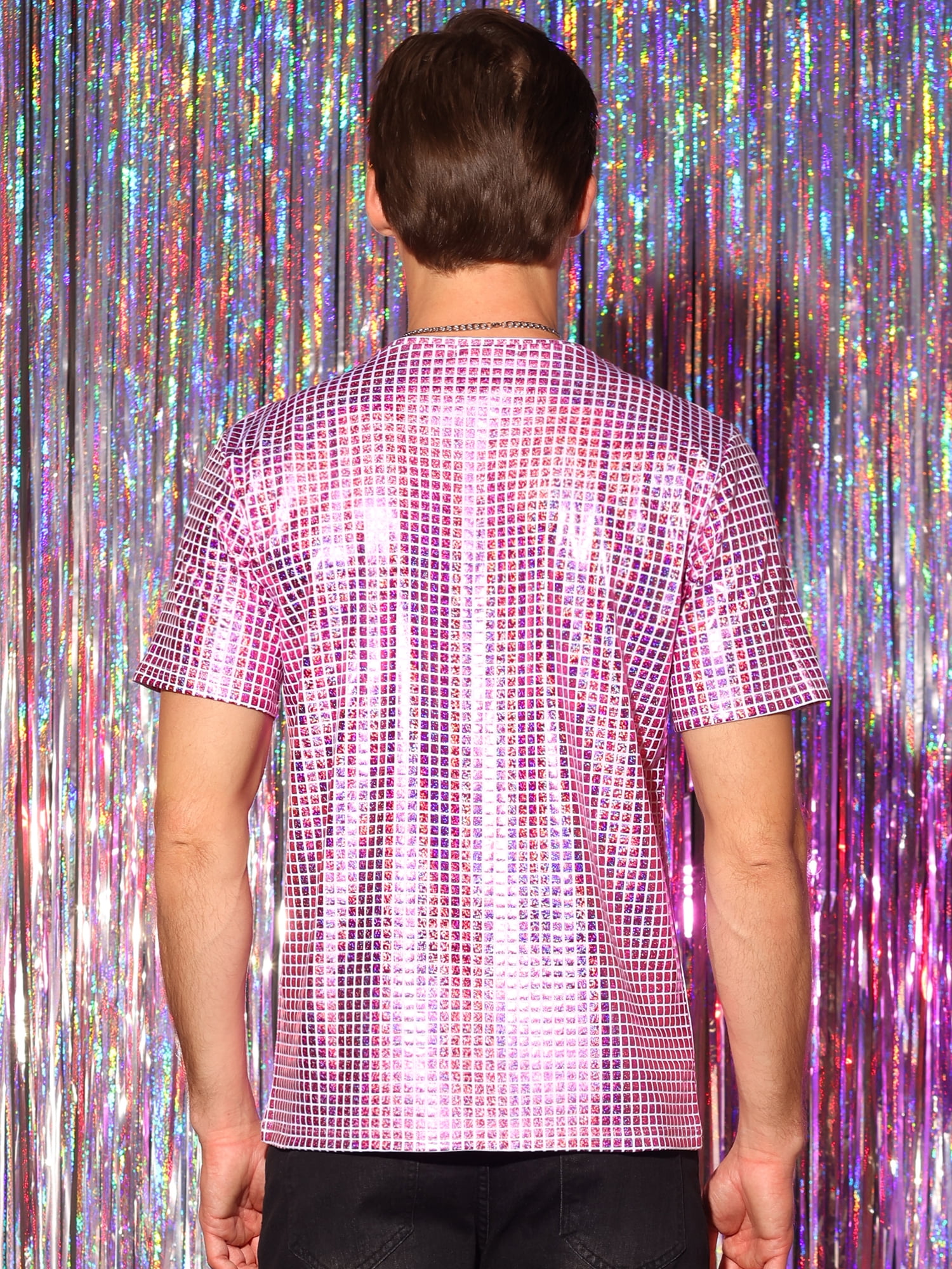 DARING DIVA Men's Metallic Round Neck Short Sleeves Sparkle Glitter T-Shirt S Pink