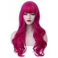 thumbnail image 3 of RightOn 26" Hot Pink Wig Long Wavy Wig with Bangs Women Girls Synthetic Wig Long Wig Rose Red Wigs with Wig Cap, 3 of 7