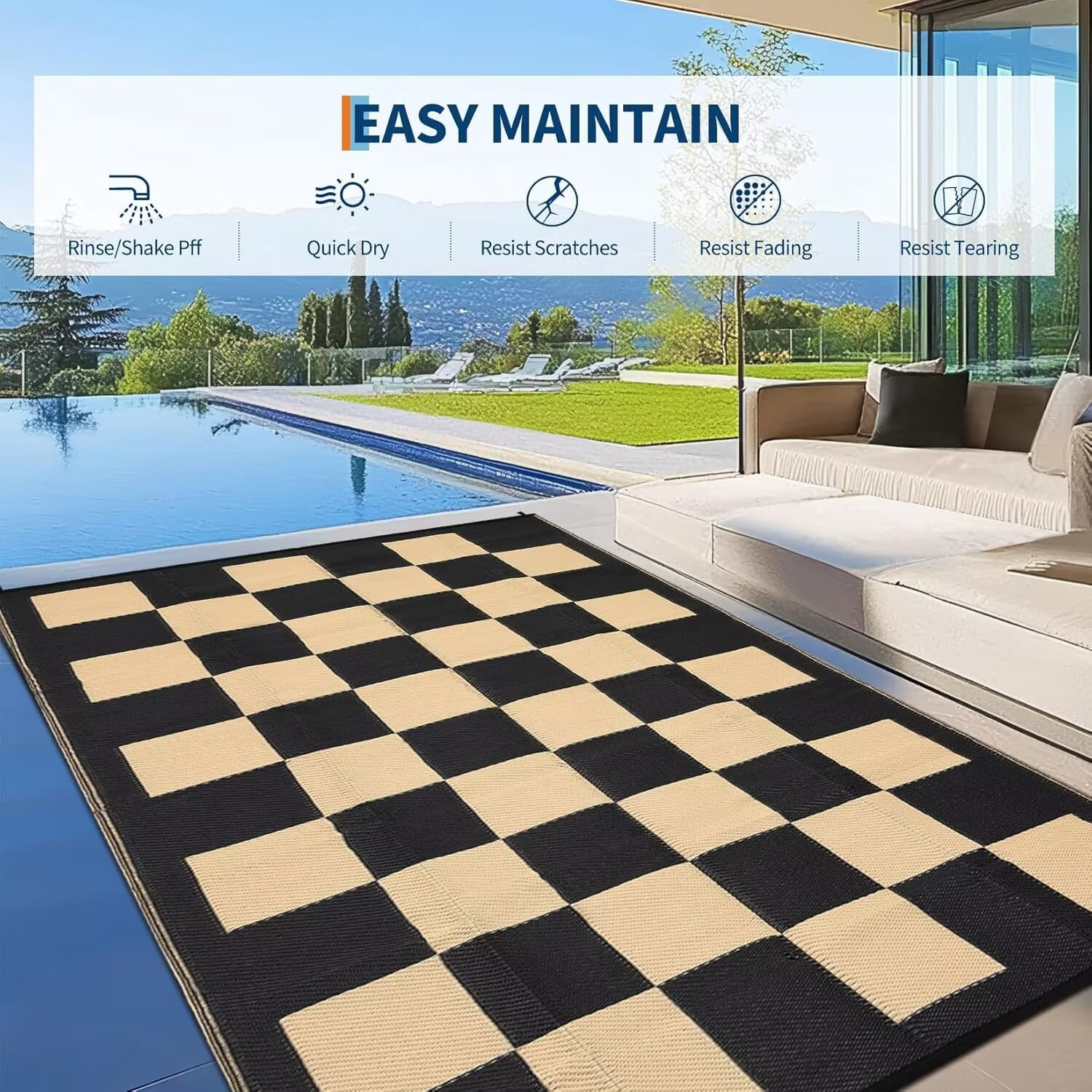 GlowSol 9'x18' Outdoor Rug Modern Checkerboard Plastic Straw Rug Waterproof Reversible Mat Outdoor Rug for Camping Patio Picnic, Black Coffee