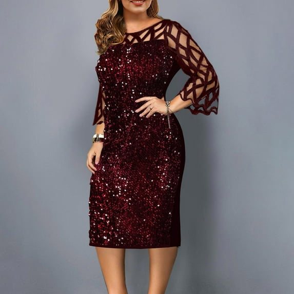 Bilu Long Sleeve&Nbsp;Dress&Nbsp;For Women, Fashion Sexy Plus Size Long Sleeve Solid Splicing Perspective Sequin Dress Flowy Dresses For Women Red
