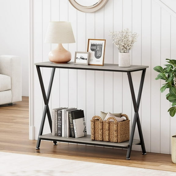 41.3/33.5" Industrial Narrow Console Table, 2-Tier Entryway Wood Table w/Metal Frame for Entryway, Hallway, Living Room