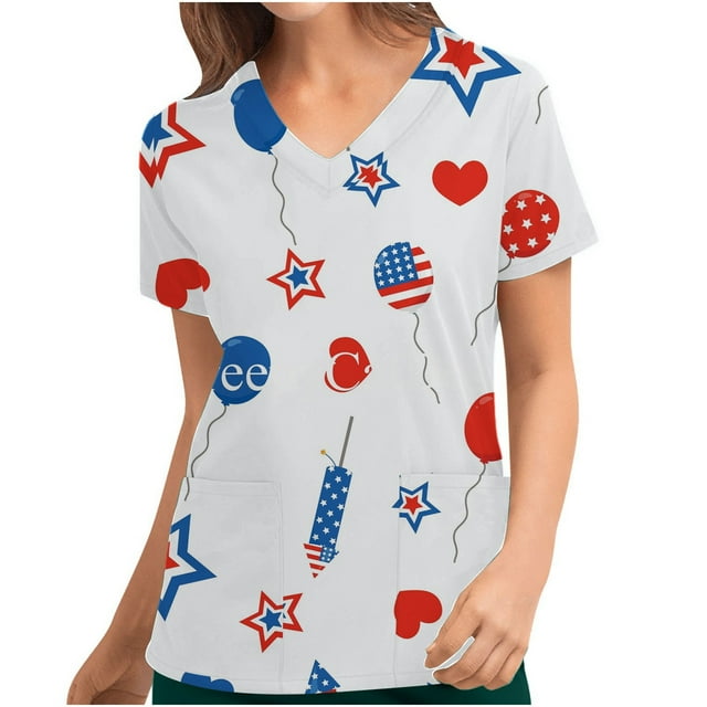 LSLJS Women's Short Sleeve V-neck Tops Uniform Independence Day Printed Pockets Blouse Nursing, Womens Plus Scrubs